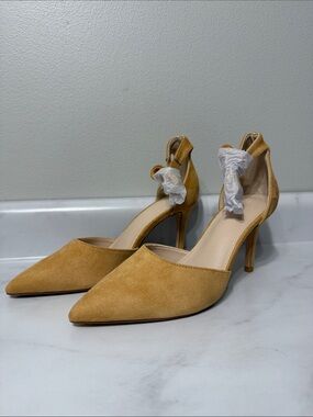 Suede Pointed Toe Ankle Strap Pumps in Mustard